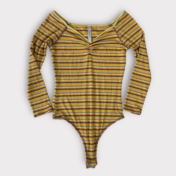 Free People Put a Stripe On It Yellow Combo Striped Bodysuit Size Small - Picture 2 of 6